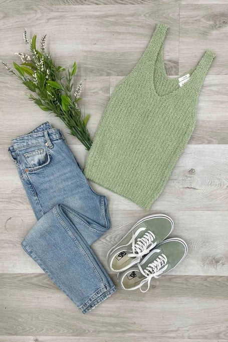 Second Look Sage Scoop Neck Fuzzy Tank Top - Catching Fireflies Boutique