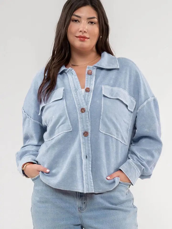 @Shades of Blue plus denim vintage washed shacket