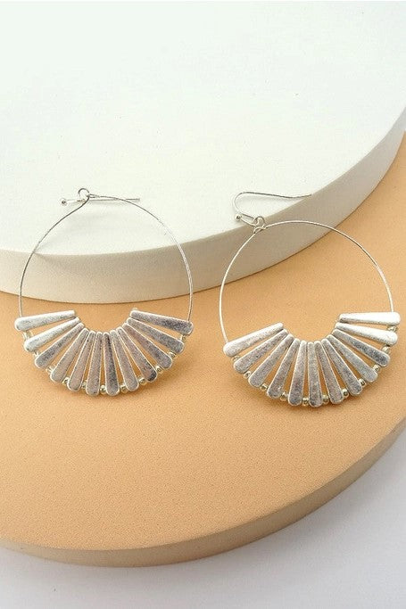 Worn Silver Fan Wire Hoop Earrings