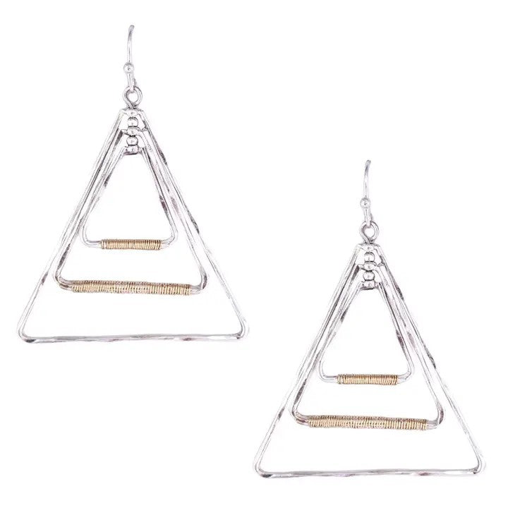 Worn Silver With Gold Wire Wrapped Triangle Earrings