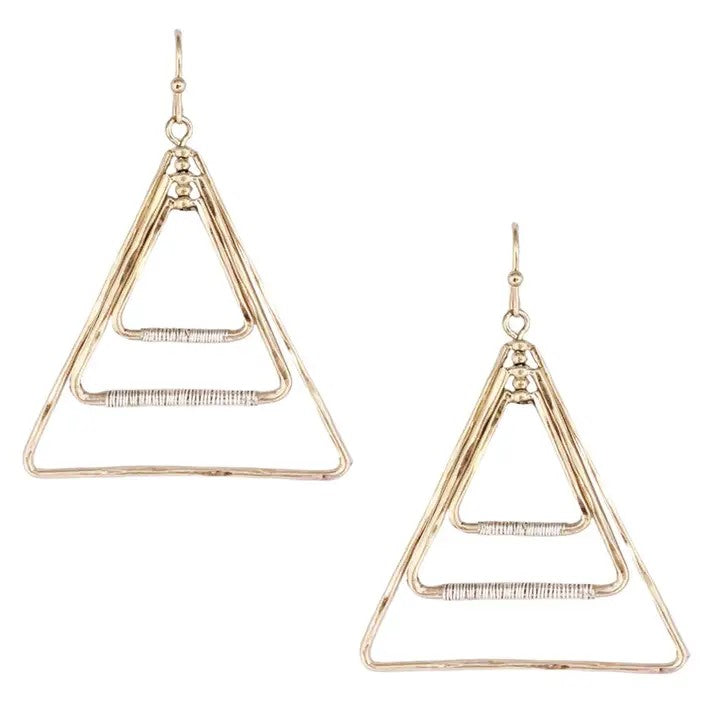 Worn Gold With Silver Wire Wrapped Triangle Earrings