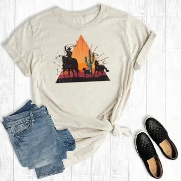 Western Sunset And Cowboys Plus Graphic Tee (Size 2X) - Catching Fireflies Boutique
