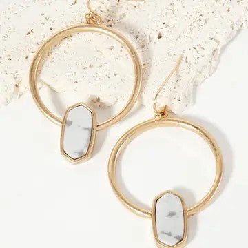 White Semi-Precious Hexagon Accent Stone Circle Earrings - Catching Fireflies Boutique