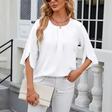 Pleated Lines White Slit Half Sleeve Blouse - Catching Fireflies Boutique