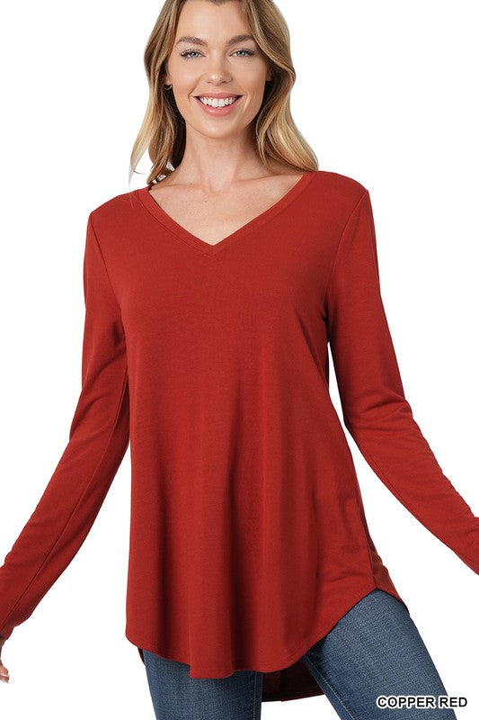 Copper Red V-Neck Long Sleeve Top - Catching Fireflies Boutique