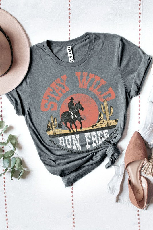 : Stay Wild Run Free Charcoal Graphic Tee - Catching Fireflies Boutique