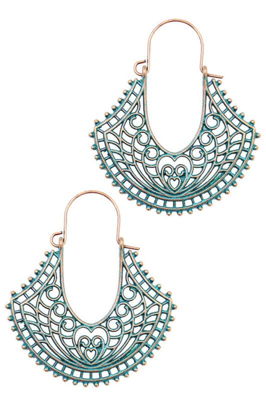 Patina Copper Turquoise Filigree Earrings - Catching Fireflies Boutique