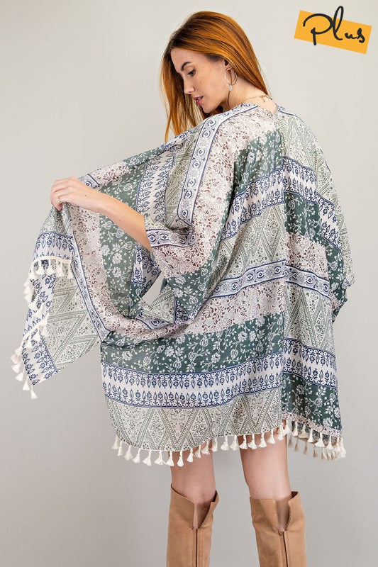 Fringe Is In Plus Moss Teal Chiffon Kimono/Duster - Catching Fireflies Boutique