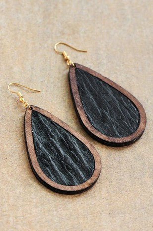 Embossed Leather Teardrop Wood Earrings - Catching Fireflies Boutique