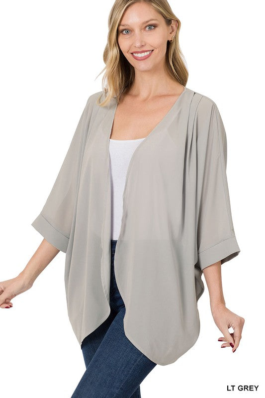 Ultimate Chiffon Light Grey Pleated Shoulder Cardigan - Catching Fireflies Boutique