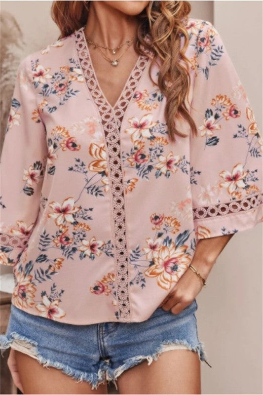 : Always Happy Blush Lace Trim Floral Top - Catching Fireflies Boutique