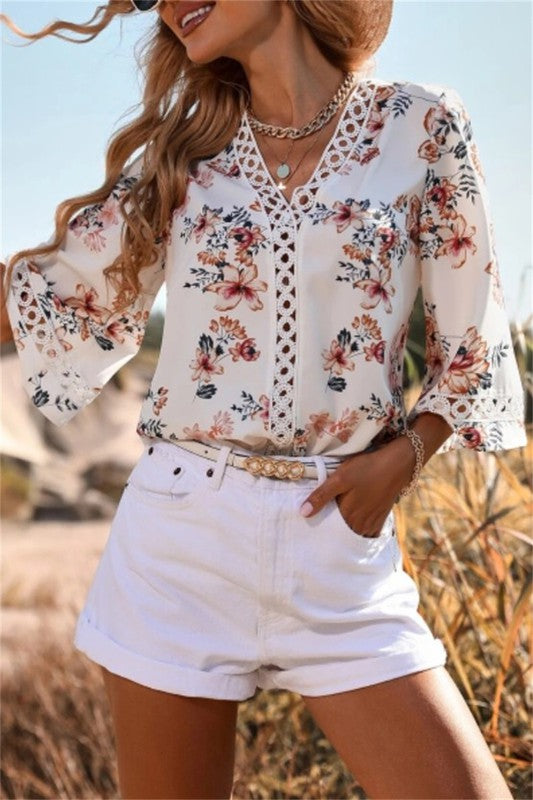 : Always Happy Ivory Lace Trim Floral Top - Catching Fireflies Boutique