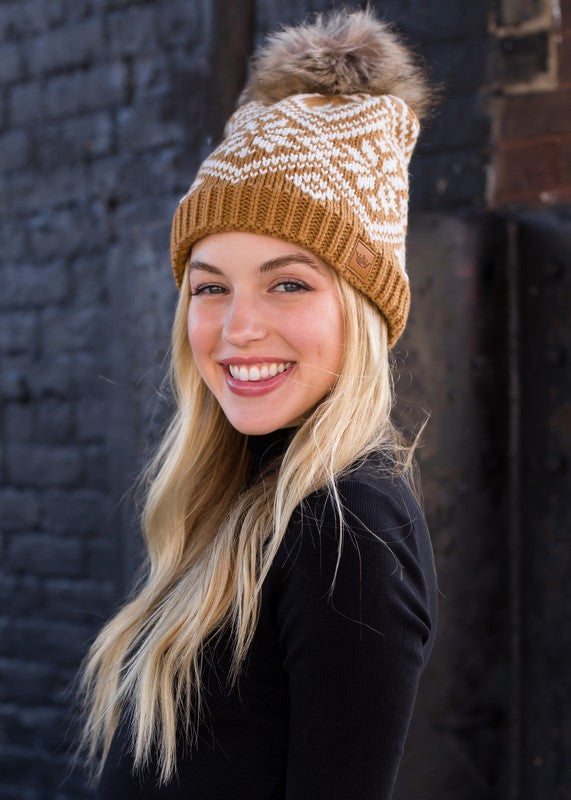 Snowflake Knit Camel & White Hat - Catching Fireflies Boutique