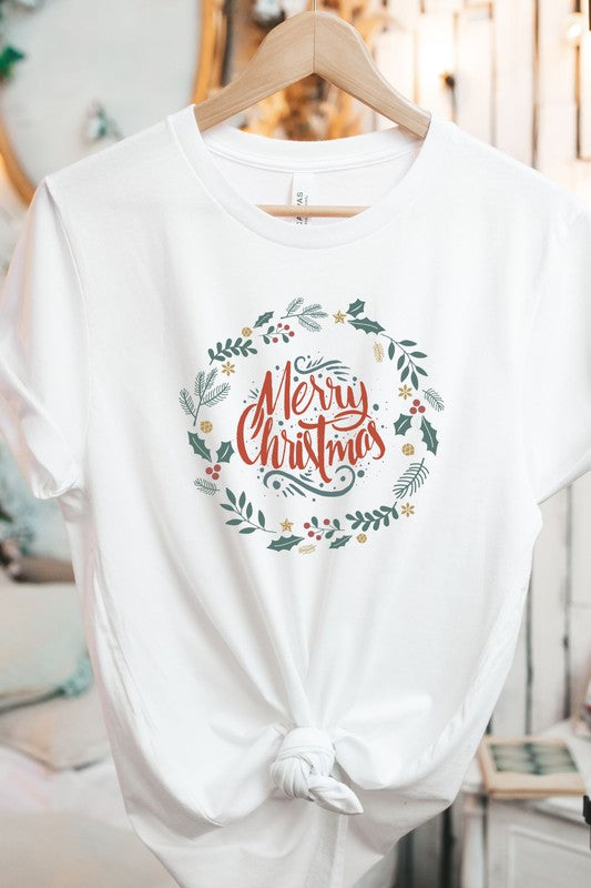 Wreath Merry Christmas Graphic Tee - Catching Fireflies Boutique