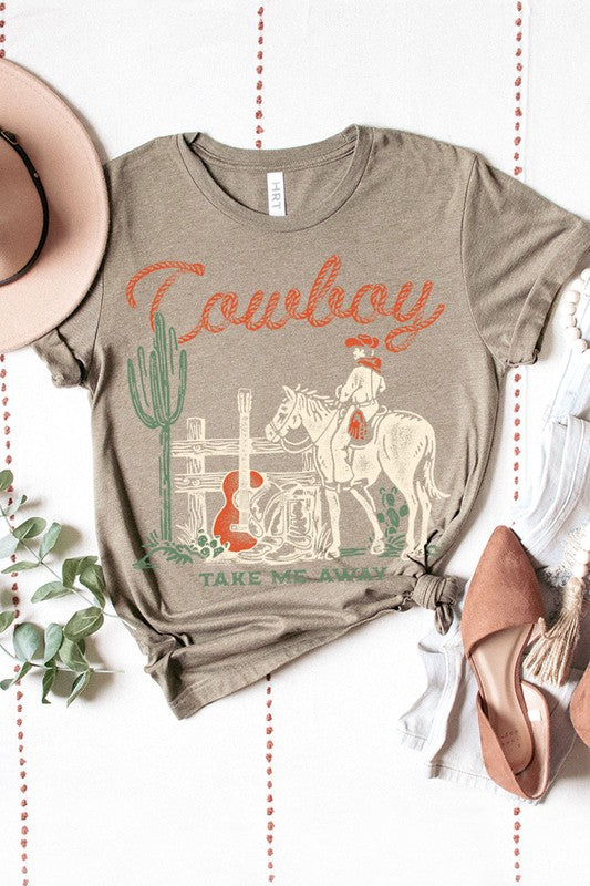 : Cowboy Take Me Away Graphic Taupe Tee - Catching Fireflies Boutique