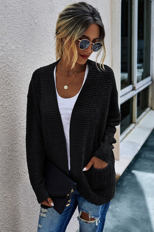 : Cozy Mood Black Open Front Knit Cardigan - Catching Fireflies Boutique