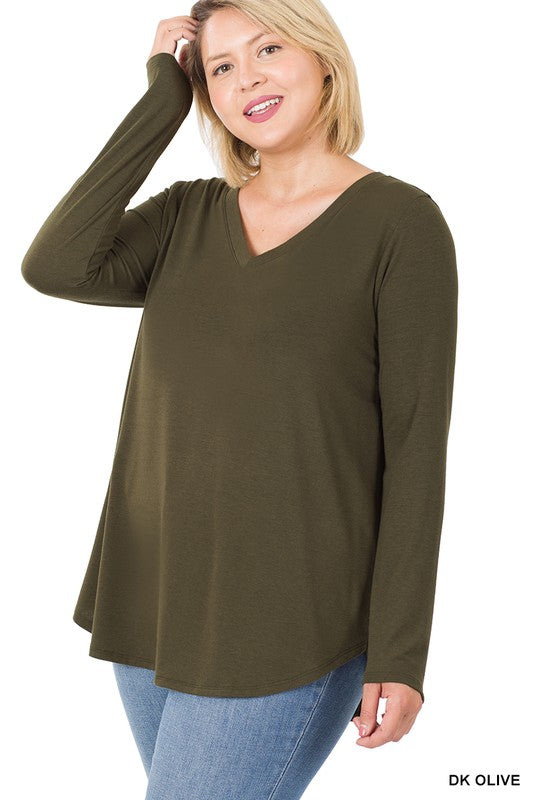 Dark Olive Plus V-Neck Long Sleeve Top - Catching Fireflies Boutique