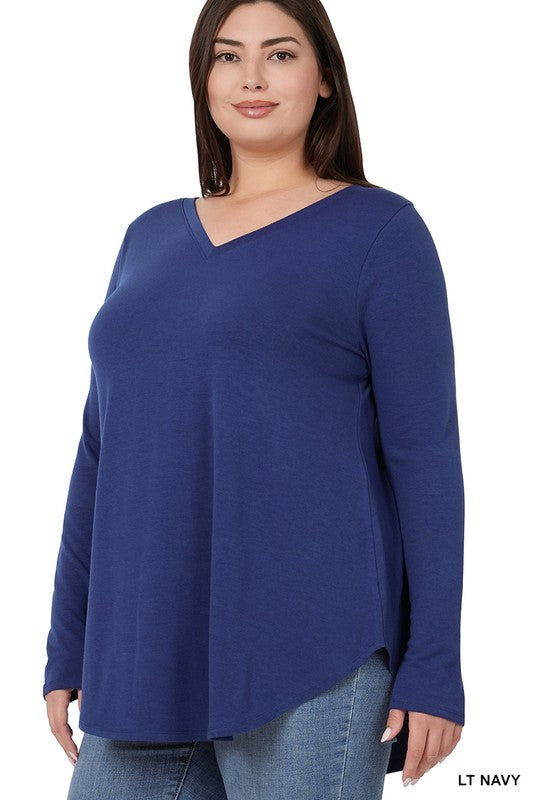Light Navy Plus V-Neck Long Sleeve Top - Catching Fireflies Boutique