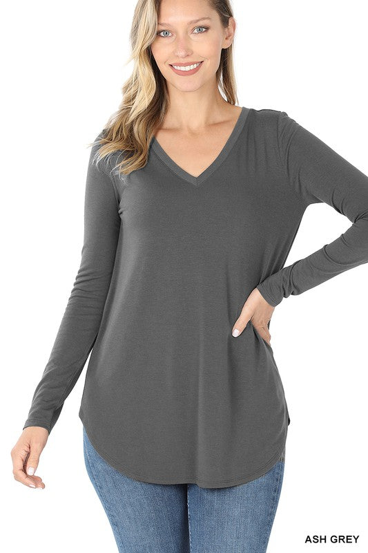 Ash Grey V-Neck Long Sleeve Top - Catching Fireflies Boutique