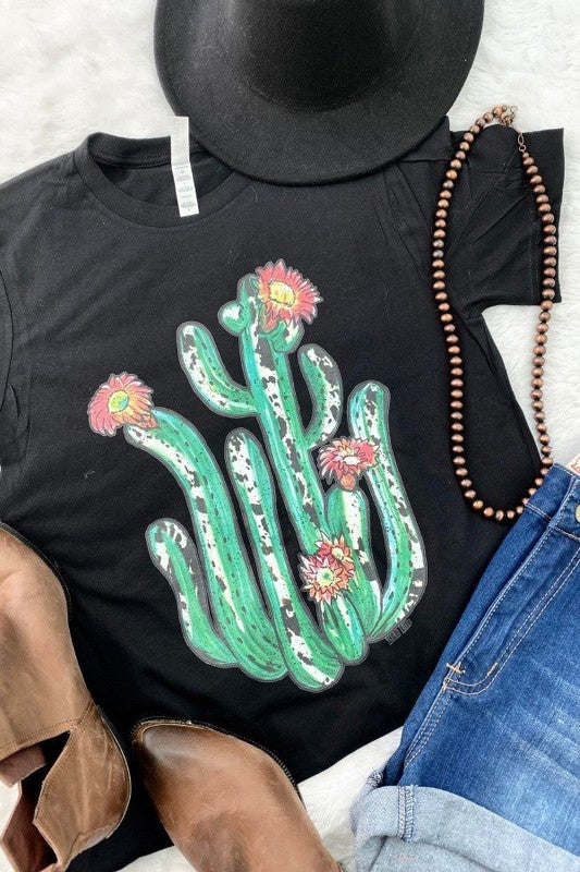 Cactus In Bloom Black Plus Graphic Tee - Catching Fireflies Boutique