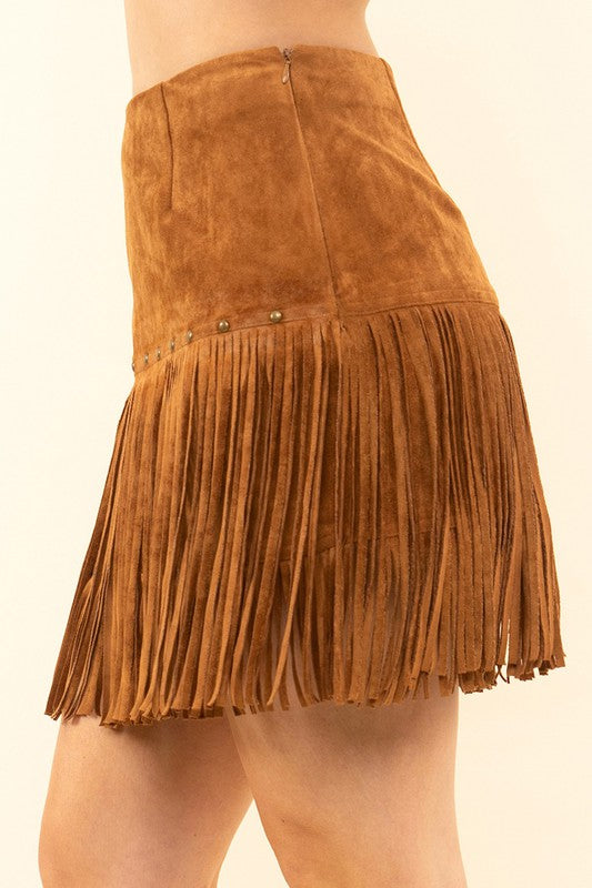 : Fringe With Benefits Camel Suede Mini Skirt - Catching Fireflies Boutique