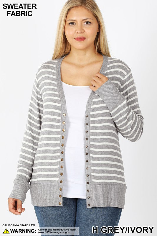 Grey/Ivory Plus Striped Snap Cardigan - Catching Fireflies Boutique