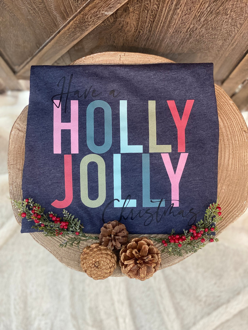 Heather Navy Holly Jolly Christmas Graphic Tee - Catching Fireflies Boutique