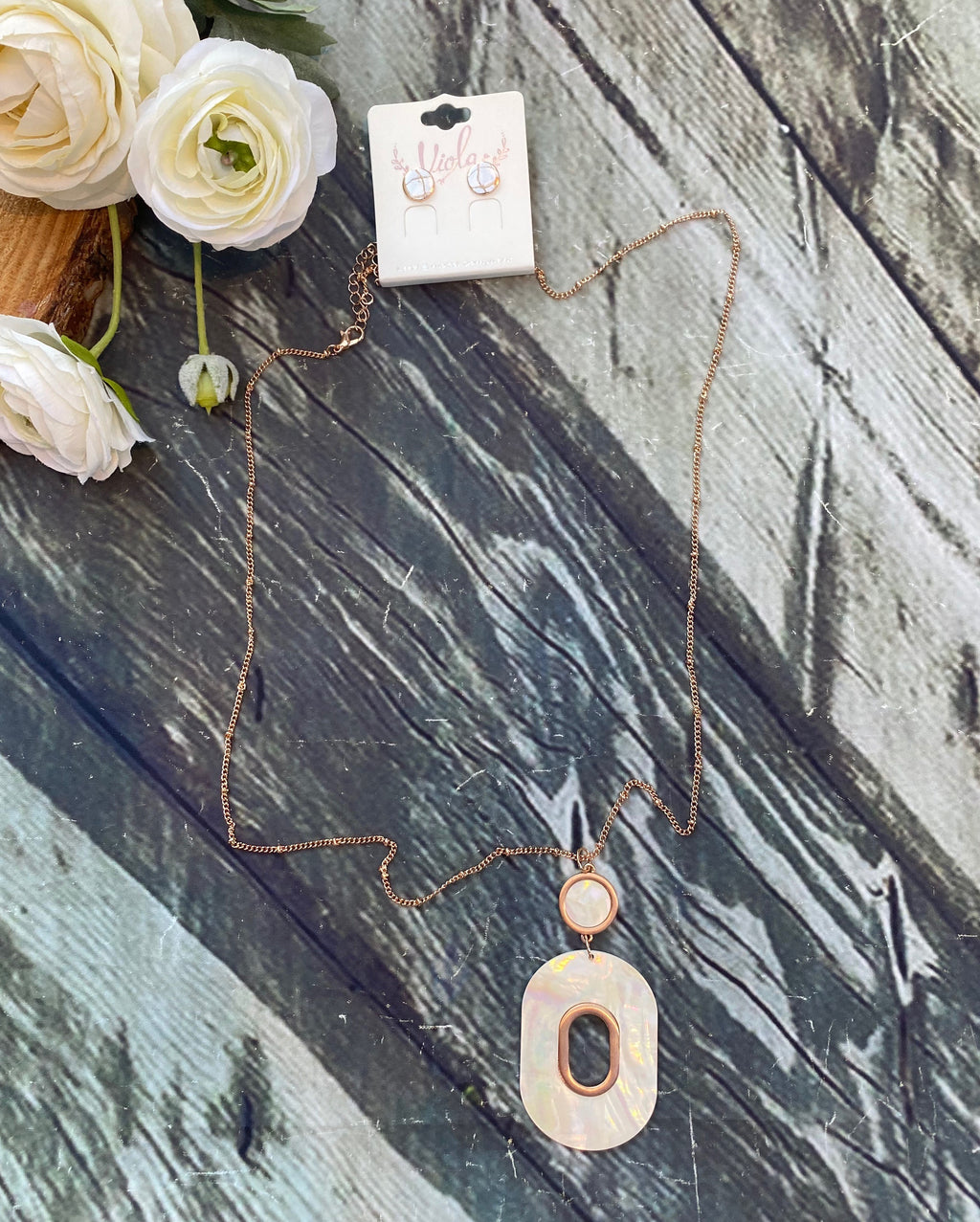 Rose Gold Oval Shell Necklace & Earrings - Catching Fireflies Boutique