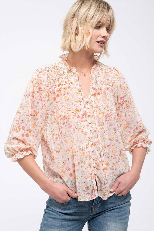 Whimsical Ivory Floral Print Blouse - Catching Fireflies Boutique