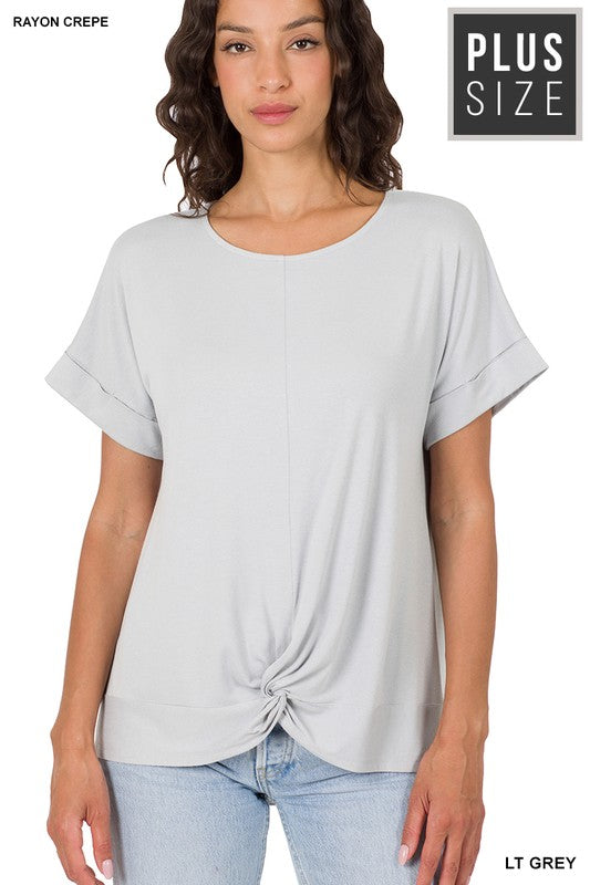 Light Grey Crepe Knot-Front Plus Top - Catching Fireflies Boutique