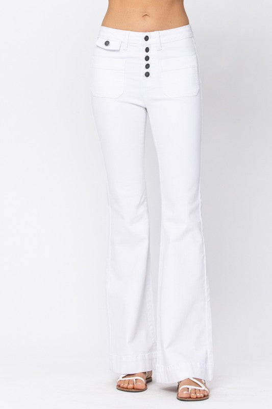 Luna White Button Fly Flare Pants - Catching Fireflies Boutique